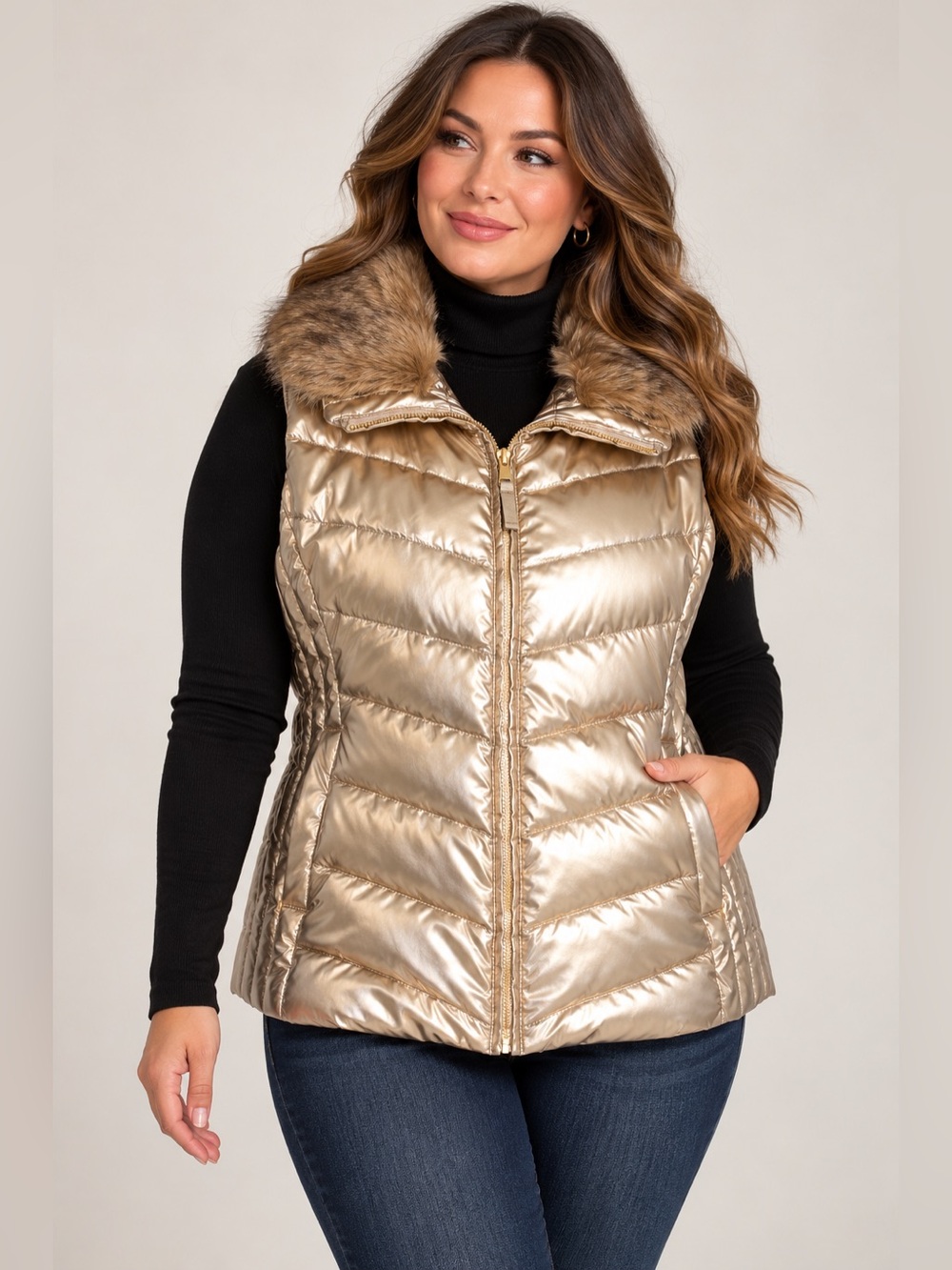 Talbots Gold Metallic Down Puffer Vest Faux Fur Collar Size L Glam Chic Winter